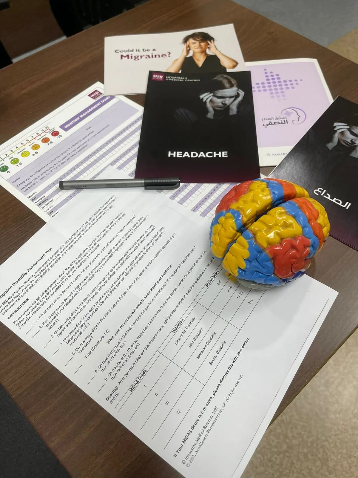 Comprehensive assessment tools and educational resources used for diagnosing and managing migraines and headaches.